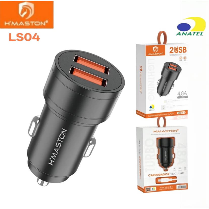 Carregador Veicular para Celular H'Maston LS04-2 Turbo 2 Saídas USB 4.8A com Cabo