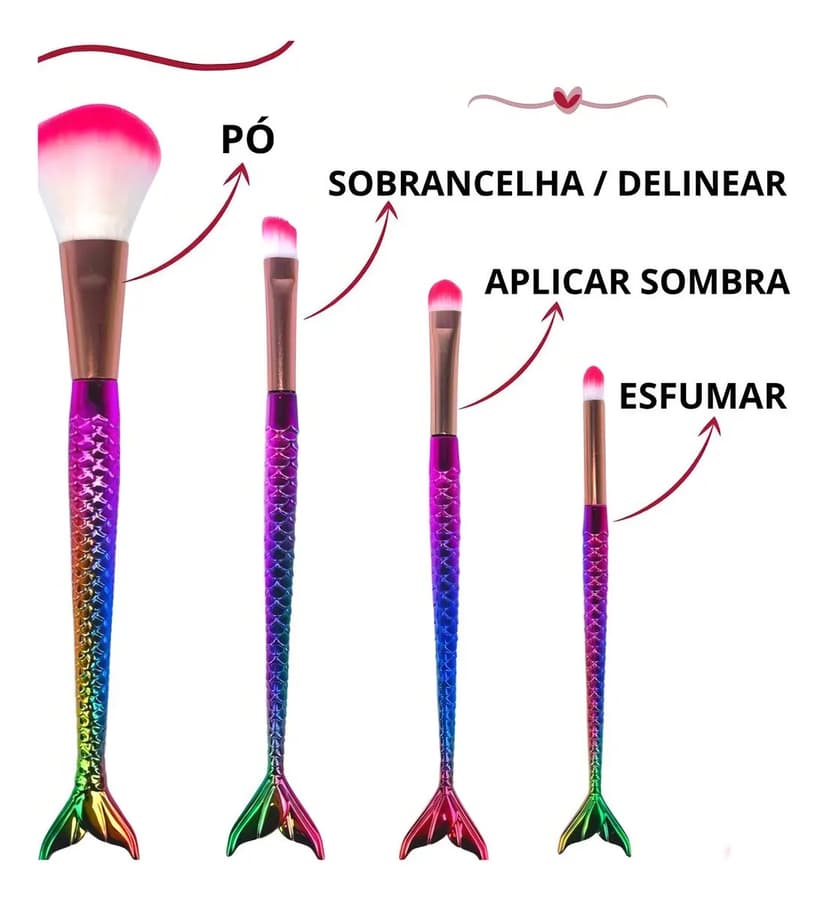 Kit 4 Pincéis Colorido Make Up Profissional Modelo Sereia Cor Azul-escuro