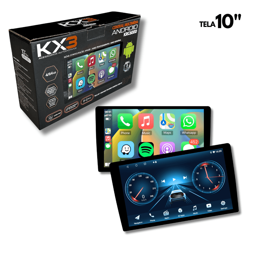 MULTIMIDIA ANDROID 10" KX3, 4GB RAM 64GB MEMORIA, CAR PLAY/AA SEM FIO