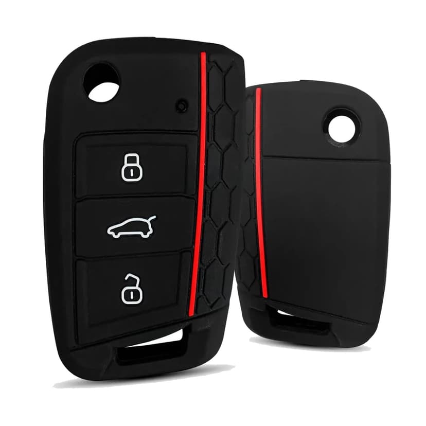 Capa Protetora de Silicone para Chave Canivete VW Polo, Nivus, T-Cross, Virtus, Golf, Jetta, Tiguan e Fusca 3 Botões Preta com Listra Vermelha